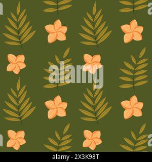 Handgezeichnetes nahtloses Muster mit tropischen Palmenblättern und Blumen. Botanischer wiederkehrender Hintergrund Stock Vektor