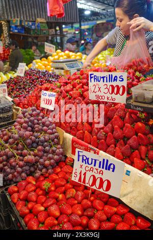 Santiago, Chile - 26. November 2023: Frische Erdbeeren im Mercado La Vega im Zentrum von Santiago Stockfoto