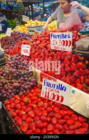 Santiago, Chile - 26. November 2023: Frische Erdbeeren im Mercado La Vega im Zentrum von Santiago Stockfoto