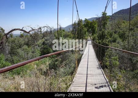 Pirque, Chile - 25. November 2024: Eine Hängebrücke über einen Fluss im Maipo-Tal in Santiago, Chile Stockfoto