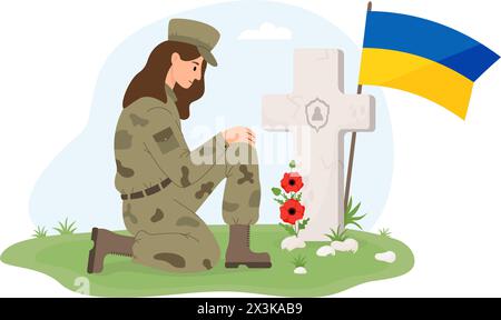 Soldatenfrau auf einem Knie vor dem Grabkreuz mit ukrainischer Flagge und Mohnblumen. Memorial Day. Veteranenfriedhof. Vektorabbildung Stock Vektor