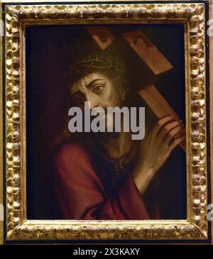 Christus trägt das Kreuz. Schule von Luis de Morales. Zweite Hälfte des 16. Jahrhunderts. Lackierung an Bord. Museum von Santa Cruz. Toledo. Spanien. (Leihgabe, Pfarrkirche San Pedro, verbunden mit der Primatenkathedrale von Toledo). Stockfoto