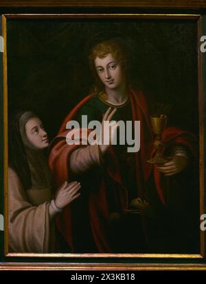 Der Heilige Johannes der Evangelist mit einer Ordensfrau. Anonyme Malerei. Zweite Hälfte des 16. Jahrhunderts. Öl auf Leinwand. Museum von Santa Cruz. Toledo. Spanien. Stockfoto