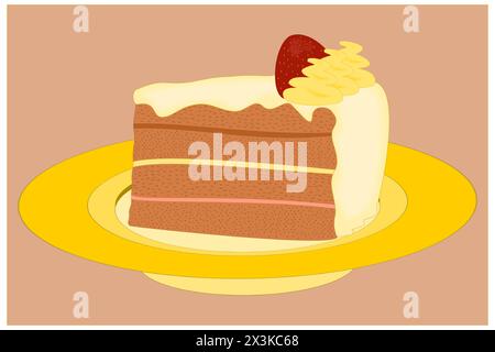 Das Stück Kuchen mit Erdbeere, weißer Glasur und Schlagsahne auf einem gelben Teller Stock Vektor