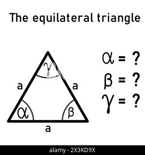 Mathematisches Beispiel - Ergänzung der Größen aller Innenwinkel in einem gleichseitigen Dreieck anhand der Summe der Innenwinkel in einer tr Stock Vektor