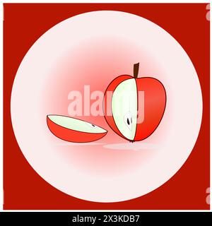 Symbol eines geschnittenen roten Apfels in einem roten quadratischen Rahmen mit einem Kreis Stock Vektor