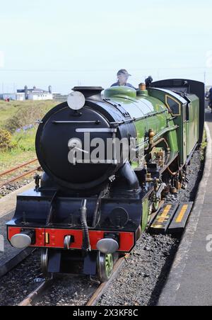 Die Kleinbahn Romney, Hythe & Dymchurch mit einer Spurweite von 15' (381 mm), die Dampflokomotiven entlang der 13,5-km-Strecke betreibt. Hier am Bahnhof Dungeness, Kent. Stockfoto