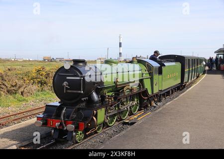 Die Kleinbahn Romney, Hythe & Dymchurch mit einer Spurweite von 15' (381 mm), die Dampflokomotiven entlang der 13,5-km-Strecke betreibt. Hier am Bahnhof Dungeness, Kent. Stockfoto