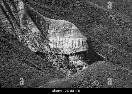 Atemberaubendes Schwarzweiß-Foto, das die komplizierten Details und Strukturen einer zerklüfteten Berglandschaft festlegt und die natürliche Schönheit und Geologie betont. Stockfoto