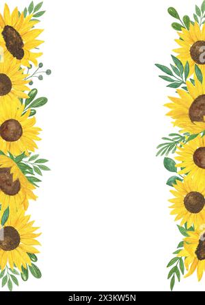 Sonnenblumen, Blätter, Zweige vertikal, horizontaler Rahmen, Aquarellillustration Grußkarte, Hochzeitseinladungsvorlage Konzept für besondere Gelegenheiten Stockfoto