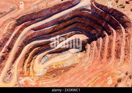 Schichten einer tiefen Tagebau-Kupfermine in Cobar Town im australischen Outback – von oben nach unten aus der Luft. Stockfoto