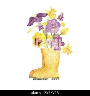 Gartenblumen in Stiefeln, gezeichnet in Aquarell für Karten, Textilien, Design Stockfoto