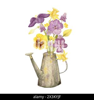 Gartenblumen in einer Gießkanne, gezeichnet in Aquarell für Karten, Textilien, Design Stockfoto