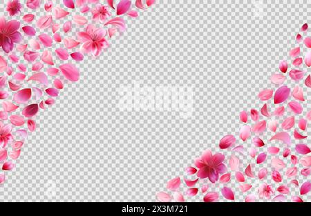 Sakura Petals png Ecken auf kariertem grauen Hintergrund. Rosenblumenrahmen. Abbildung des Rohvektors in realistischem Stil isoliert. Stock Vektor