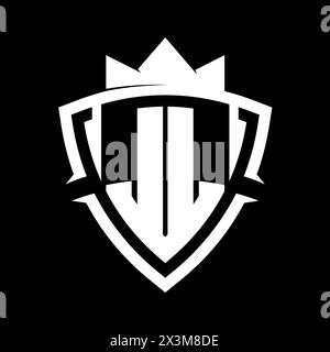 Auffälliges Monogramm JL Letter mit dreieckiger Kurvenschildform mit kronenweißem und schwarzem Hintergrund Stockfoto