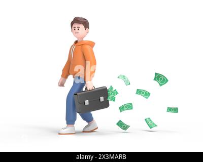 3D-Illustration des lächelnden männlichen Guy Qadir mit einem Aktenkoffer mit Geld in der Hand und Bargeld fliegen und fallen zurück. 3D-Rendering auf weißem Hintergrund. Stockfoto