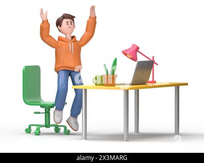 3D-Illustration des lächelnden männlichen Guy Qadir glücklich im Büro. Erfolgreiches Konzept. Flat Cartoon Character.3D-Rendering auf weißem Hintergrund. Stockfoto