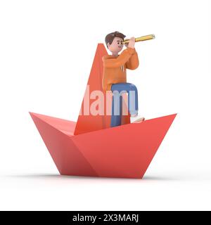 3D-Illustration des lächelnden männlichen Guy Qadir. Leitung des Unternehmens und des Managements. Papierboot, Schiff auf Wasser, Flat Business Cartoon, Leadership Concept.3 Stockfoto