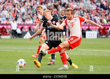 München, Deutschland. April 2024. Harry Kane (1. R) von Bayern München drehte beim Fußball-Spiel der Bundesliga zwischen Bayern München und Eintracht Frankfurt am 27. April 2024 in München. Quelle: Philippe Ruiz/Xinhua/Alamy Live News Stockfoto