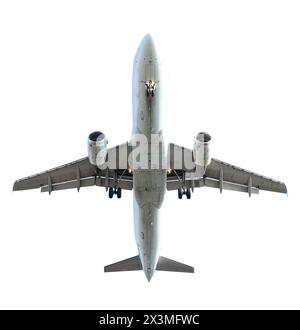 Flugzeug isoliert auf weißem Hintergrund. Modellflugzeug Flugzeug in weiß nachgebildet mit kariertem Hintergrund.Beschneidungspfad. Kommerzielles Flugzeug Stockfoto
