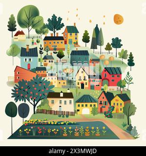 Malerische Dorflandschaft Illustrationsvektor Stock Vektor