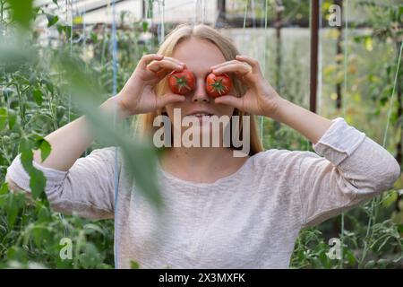 Glückliche blonde Frau, die rote Tomaten über den Augen im Gewächshaus hält. Eine Bäuerin, die Spaß im grünen Garten hat, während sie saisonales reifes Bio-Gemüse erntet. Lokal angebautes Konzept Stockfoto