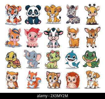 Set aus verschiedenen wilden Tieren, Bauernhöfen, Haustieren. Stock Vektor