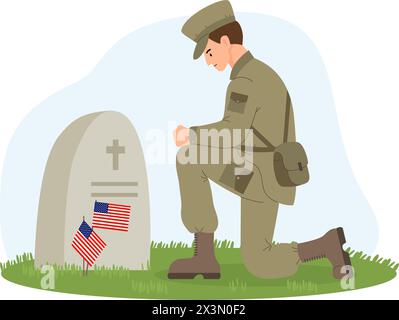 Militärsoldat auf einem Knie vor dem Grab mit amerikanischen Fahnen. Memorial Day. Veteranen Militärfriedhof. Vektorabbildung in abgewickelter Form Stock Vektor