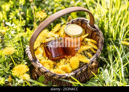 Löwenzahn blüht in einem Korb mit einem Glas Honig auf dem Boden irgendwo auf einer Wiese. Stockfoto