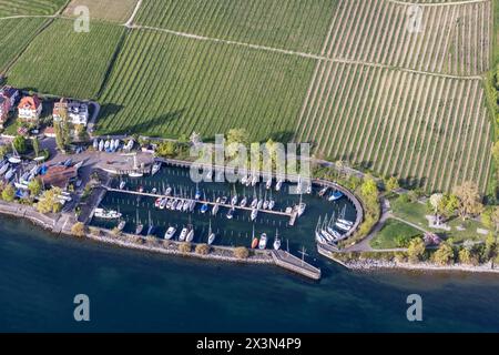 Flug im Zeppelin über den Bodensee bei Meersburg. Städtischer Seglerhafen am Waschplätzle. // 14.04.2024: Meersburg, Baden-Württemberg, Deutschland, E Stockfoto