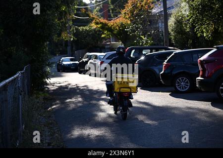 Rückansicht eines hungrigen Panda-Mitarbeiters, der mit dem Fahrrad auf einer schattigen, schmalen Vorstadtstraße in Melbournes inneren Vororten fährt Stockfoto