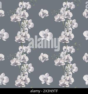 Weiße Orchideenblüten in einem nahtlosen Muster mit Orchideenzweigen und einzelnen Blüten auf grauem Hintergrund. Tropische Pflanzen. Aquarellabbildung Stockfoto