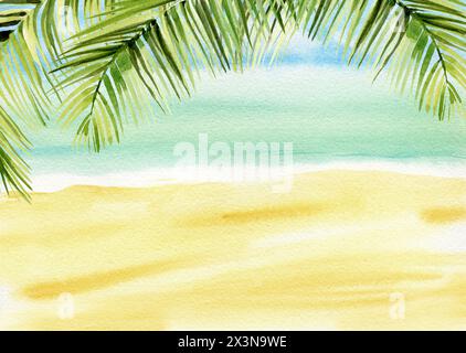 Aquarellrahmen von tropischem Strand und Meer mit Palmen, Meereslandschaft mit grünen Palmblättern, Skizze des Resort- und Urlaubsthemas, Sommerillustration, Stockfoto