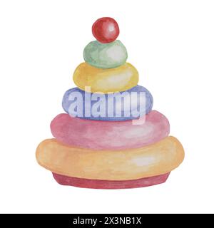 Holzspielzeugpyramide. Pädagogische Stapelringe ECO Play Objekt Clipart. Retro Stack Up Ring Turm Aquarellillustration für Kinderparty, Aufkleber, Scrapbooking, Einladungen, Babydusche, Einrichtung im Kinderzimmer Stockfoto