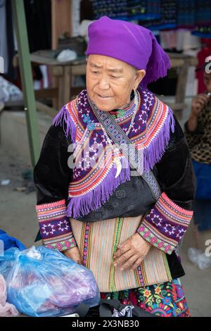 Porträt einer älteren Flower Hmong Frau auf dem Cau Markt in Lao Cai Provinz, Vietnam Stockfoto