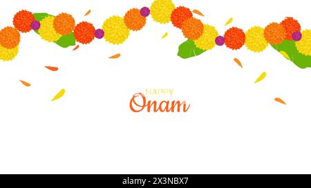 Onam Indian Festival Kerala State. Blumenmuster. Blumengirlande. Frohes Onam-Urlaub. Poster Banner Design. Vektorabbildung. Stock Vektor