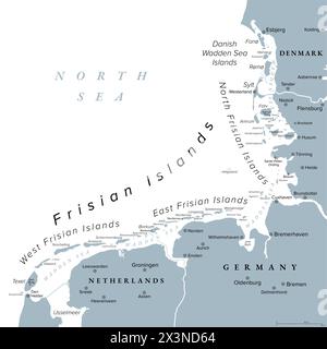 Friesische Inseln, graue politische Karte. Wattenmeerinseln, Archipel an der Nordsee in Europa, erstreckt sich von den Niederlanden über Deutschland bis Dänemark. Stockfoto