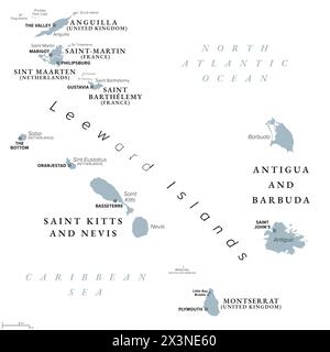 Von Anguilla bis Montserrat, graue politische Karte. Karibische Inseln, Teil der Leeward Islands und der Kleinen Antillen. Stockfoto