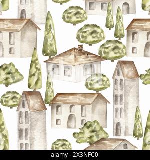 Aquarellmuster mit Ornamenten italienischer Häuser und Olivenbäume, Sizilien wiederholen Muster Illustration isoliert auf weiß Stockfoto