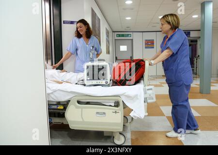 Transport medizinischer Krankentransport, Intensivstation Intensivstation, Donostia Hospital, San Sebastian, Donostia, Gipuzkoa, Baskenland, Spanien Stockfoto