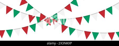 Grüne, weiße und rote Flaggengirlande. Dreieck-Wimpelkette. Partydekoration. Festflaggen zur Dekoration. Vektorabbildung Stock Vektor