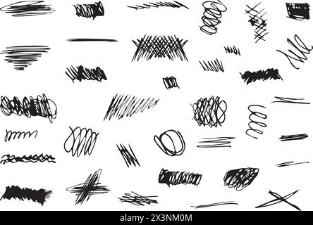 Scribbles und Skizzen, Markierungslinien gesetzt. Handgezeichneter abstrakter Bleistift mit Doodle für Ihr Design. Vektorabbildung Stock Vektor