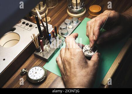 Die Hände eines Uhrmachers, der eine Uhr repariert. Sie manipulieren die Pinzette eines Uhrmachers. . Andere Werkzeuge sind im Hintergrund zu sehen. Stockfoto