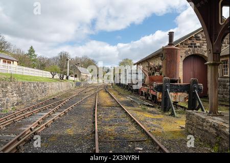 Der traditionelle Bahnanschluss am Bahnhof Rowley wurde in das Beamish Museum in County Durham, England verlegt Stockfoto
