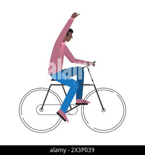 Glücklicher erwachsener Mann, der Fahrrad mit Hand oben fährt, Seitenansicht der jungen Radfahrer Vektor-Illustration Stock Vektor