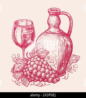 Kanne Wein trinken mit Glas und Trauben. Stillleben Skizze. Vektorillustration im künstlerischen Zeichenstil Stock Vektor