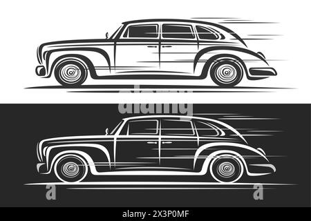 Vektor-Logo für Retro-Auto, horizontale dekorative Banner mit einfacher Kontur Illustration des eleganten historischen Autos in Bewegung, Line Art Design monochrom Stock Vektor