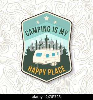 Camping ist mein glücklicher Ort. Vektorabbildung. Vintage-Typografie mit Silhouette für Wohnwagen, Wald und Sternenhimmel Stock Vektor