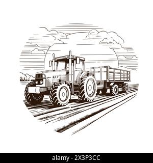 Illustration eines landwirtschaftlichen Traktors mit Anhänger-Vektor. Farm-Logo Stock Vektor