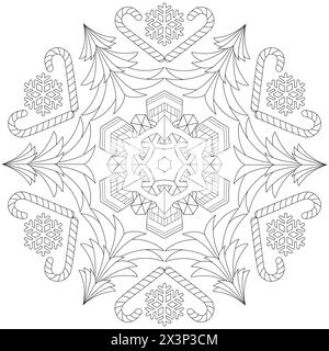Winter-Mandala mit Schneeflocke, weihnachtsbaum und Lutscher. Schwarz-weiß. Seite „Art Therapy Coloring“ (Kunsttherapie). Vektorabbildung Stock Vektor